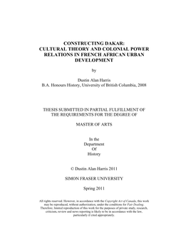 Constructing Dakar: Cultural Theory and Colonial Power Relations in French African Urban Development