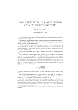 Does the Inertia of a Body Depend Upon Its Energy-Content?