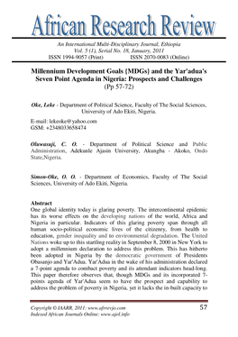 {Mdgs} and the Yar'adua's Seven Point Agenda in Nigeria: Prospects and Challenges (Pp 57-72)