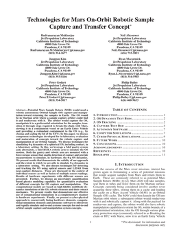 Technologies for Mars On-Orbit Robotic Sample Capture and Transfer Concept∗