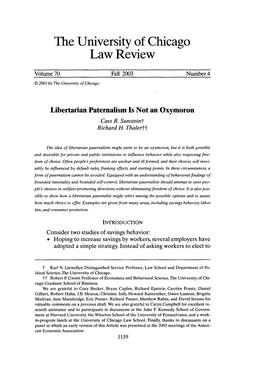 Libertarian Paternalism Is Not an Oxymoron Cass R