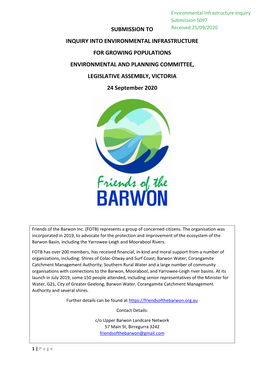 Submission to Inquiry Into Environmental Infrastructure for Growing Populations Environmental and Planning Committee, Legislat