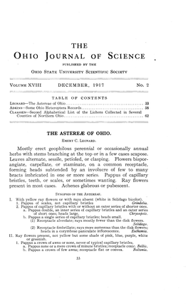 The Astereae of Ohio 33 ADKINS—Some Ohio Heteroptera Records 58 CLAASSEN—Second Alphabetical List of the Lichens Collected in Several Counties of Northern Ohio 62