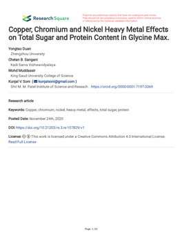Copper, Chromium and Nickel Heavy Metal Effects on Total Sugar and Protein Content in Glycine Max