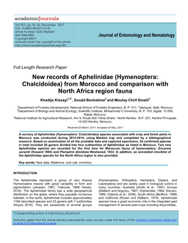 New Records of Aphelinidae (Hymenoptera: Chalcidoidea) from Morocco and Comparison with North Africa Region Fauna