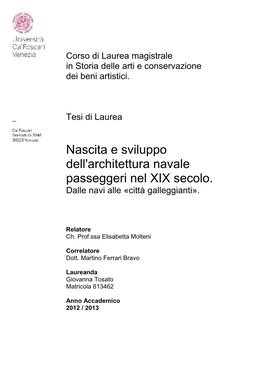 Nascita E Sviluppo Dell'architettura Navale Passeggeri Nel XIX Secolo. Dalle Navi Alle «Città Galleggianti»