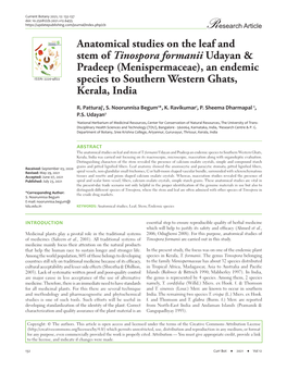 Anatomical Studies on the Leaf and Stem of Tinospora Formanii Udayan