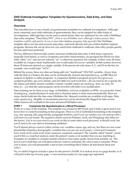 OHD Outbreak Investigation Templates for Questionnaires, Data Entry, and Data Analysis