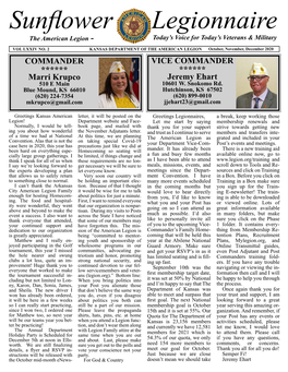 Sunflower Legionnaire the American Legion - Today’S Voice for Today’S Veterans & Military VOL LXXIV NO