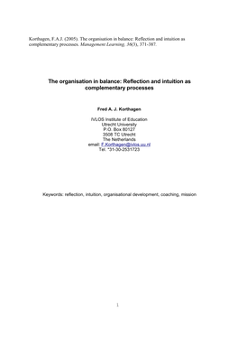 (2005). the Organisation in Balance: Reflection and Intuition As Complementary Processes. Management Learning, 36(3), 371-387