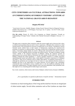 City Cemeteries As Cultural Attractions: Towards an Understanding of Foreign Visitors’ Attitude at the National Graveyard in Budapest