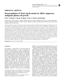 Downregulation of Wnt2 and B-Catenin by Sirna