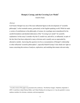 Hempel, Carnap, and the Covering Law Model1 Erich H