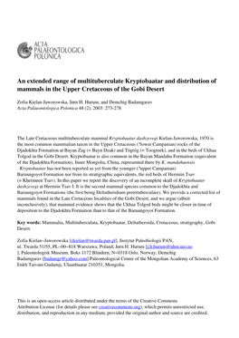 An Extended Range of Multituberculate Kryptobaatar and Distribution of Mammals in the Upper Cretaceous of the Gobi Desert