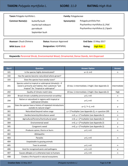 TAXON:Polygala Myrtifolia L. SCORE:11.0 RATING:High Risk