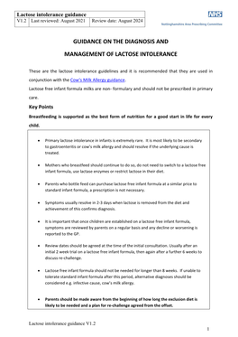 Guidance on the Diagnosis and Management of Lactose Intolerance