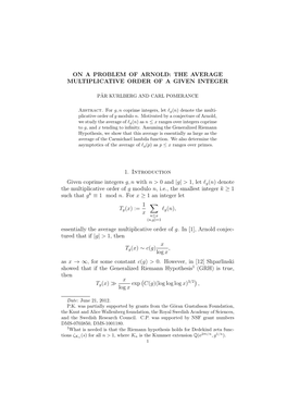 On a Problem of Arnold: the Average Multiplicative Order of a Given Integer