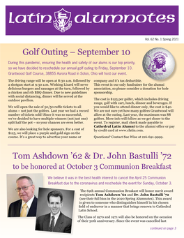 Golf Outing – September 10 Tom Ashdown '62 & Dr. John Bastulli '