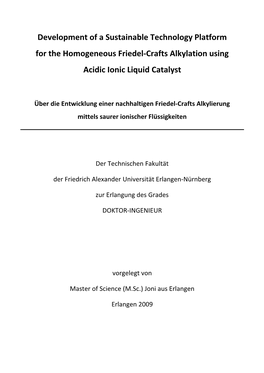 Development of a Sustainable Technology Platform for the Homogeneous Friedel-Crafts Alkylation Using Acidic Ionic Liquid Catalyst