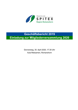 Geschäftsbericht 2019 Einladung Zur Mitgliederversammlung 2020