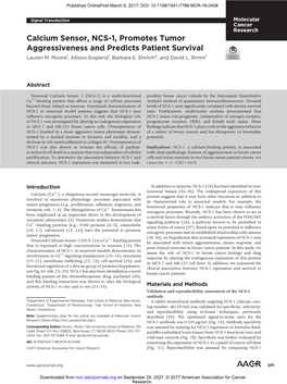 Calcium Sensor, NCS-1, Promotes Tumor Aggressiveness and Predicts Patient Survival Lauren M