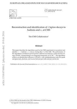 Reconstruction and Identification of Tau Lepton Decays to Hadrons and Tau Neutrino At