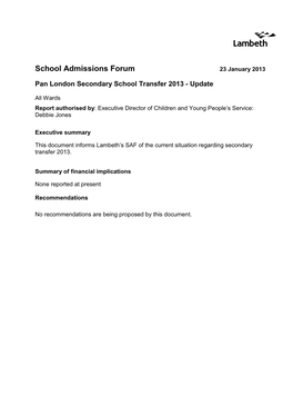 School Admissions Forum 23 January 2013