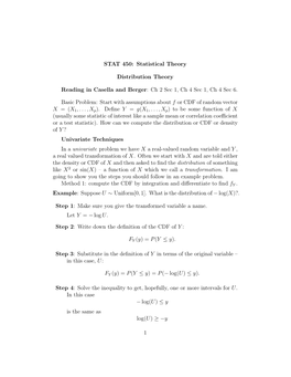 Statistical Theory Distribution Theory Reading in Casella and Berger