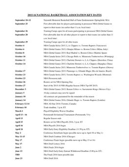 2015-16 National Basketball Association Key Dates