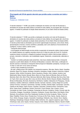 Prorrogado Até 30 De Agosto Decreto Que Proíbe Aulas E Eventos Em Toda a Bahia Notícias Postado Em: 14/08/2020 12:00
