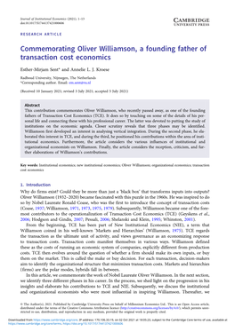 Commemorating Oliver Williamson, a Founding Father of Transaction Cost Economics