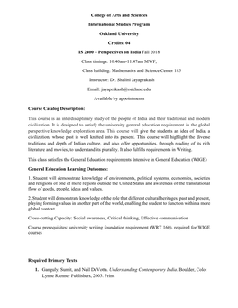 04 IS 2400 – Perspectives on India Fall 2018 Class Timings: 10.40Am-11.47Am MWF, Class Building: Mathematics and Science Center 185 Instructor: Dr