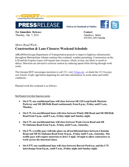 Construction & Lane Closures Weekend Schedule