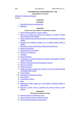 THE KARNATAKA LAND REVENUE ACT, 1964 ARRANGEMENT of SECTIONS Statement of Objects and Reasons: Sections : CHAPTER I PRELIMINARY 1