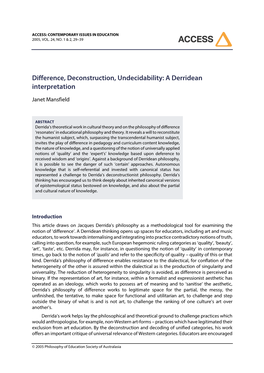 Difference, Deconstruction, Undecidability: a Derridean Interpretation