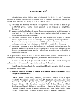 COMUNICAT PRESĂ Primăria Municipiului Ploiești, Prin Administrația Serviciilor Sociale Comunitare Informează Cetățenii Cu