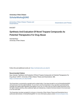 Synthesis and Evaluation of Novel Tropane Compounds As Potential Therapeutics for Drug Abuse