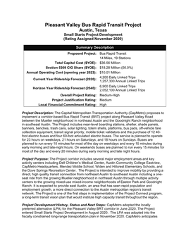 Pleasant Valley Bus Rapid Transit Project Austin, Texas Small Starts Project Development (Rating Assigned November 2020)