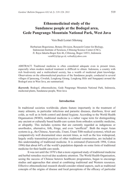 Ethnomedicinal Study of the Sundanese People at the Bodogol Area, Gede Pangrango Mountain National Park, West Java