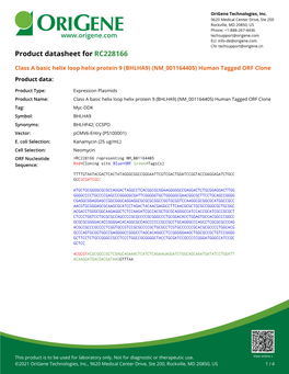 Class a Basic Helix Loop Helix Protein 9 (BHLHA9) (NM 001164405) Human Tagged ORF Clone Product Data