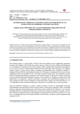 MATHEMATICAL MODELING and SIMULATION of SUPERCRITICAL CO2 EXTRACTION of ZIZIPHORA TENUIOR VOLATILES Mojtaba Sinaei NOBANDEGANI1