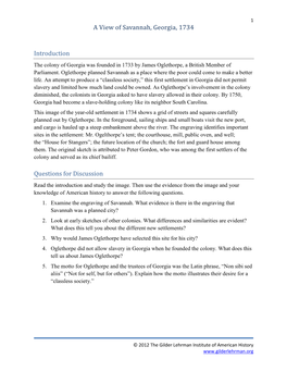 A View of Savannah, Georgia, 1734 Introduction Questions for Discussion