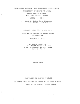 Honolulu, Hawaii Avian History Report 1 Winston E. Banko Hawaii