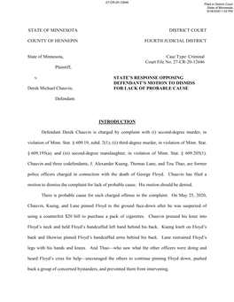 STATE of MINNESOTA DISTRICT COURT COUNTY of HENNEPIN FOURTH JUDICIAL DISTRICT State of Minnesota, Plaintiff, V. Derek Michael