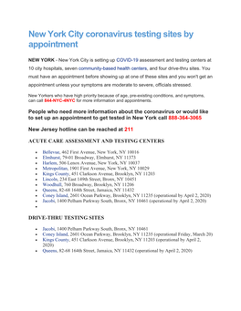 New York City Coronavirus Testing Sites by Appointment