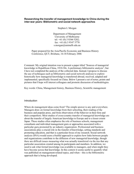 Researching the Transfer of Management Knowledge to China During the Inter-War Years: Bibliometric and Social Network Approaches