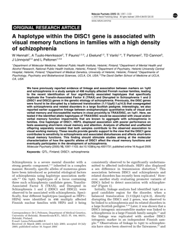 A Haplotype Within the DISC1 Gene Is Associated with Visual Memory Functions in Families with a High Density of Schizophrenia