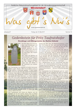 Gedenkstein Für Fritz Taufratshofer Ehrenbürger Und Altbürgermeister Des Marktes Kaltental