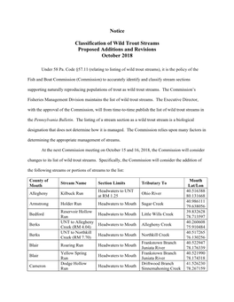 Notice Classification of Wild Trout Streams Proposed Additions And