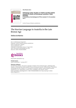 The Hurrian Language in Anatolia in the Late Bronze Age